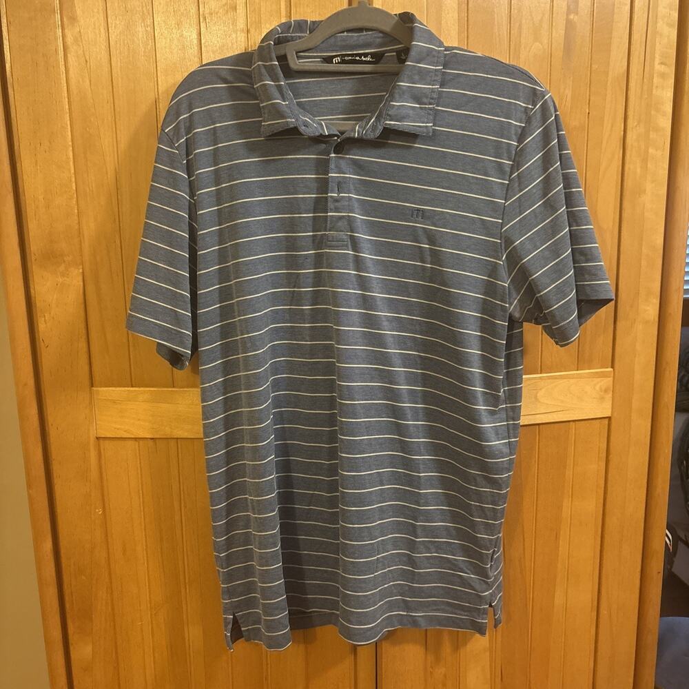 TravisMathew Men's Striped Performance Golf Polo Shirt Blue Grey White Size L